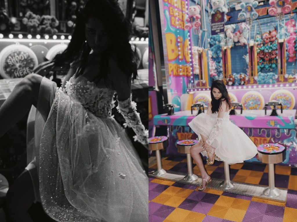 Lauren Elaine Limelight lace and pearl corset mini wedding dress with detachable sleeves.