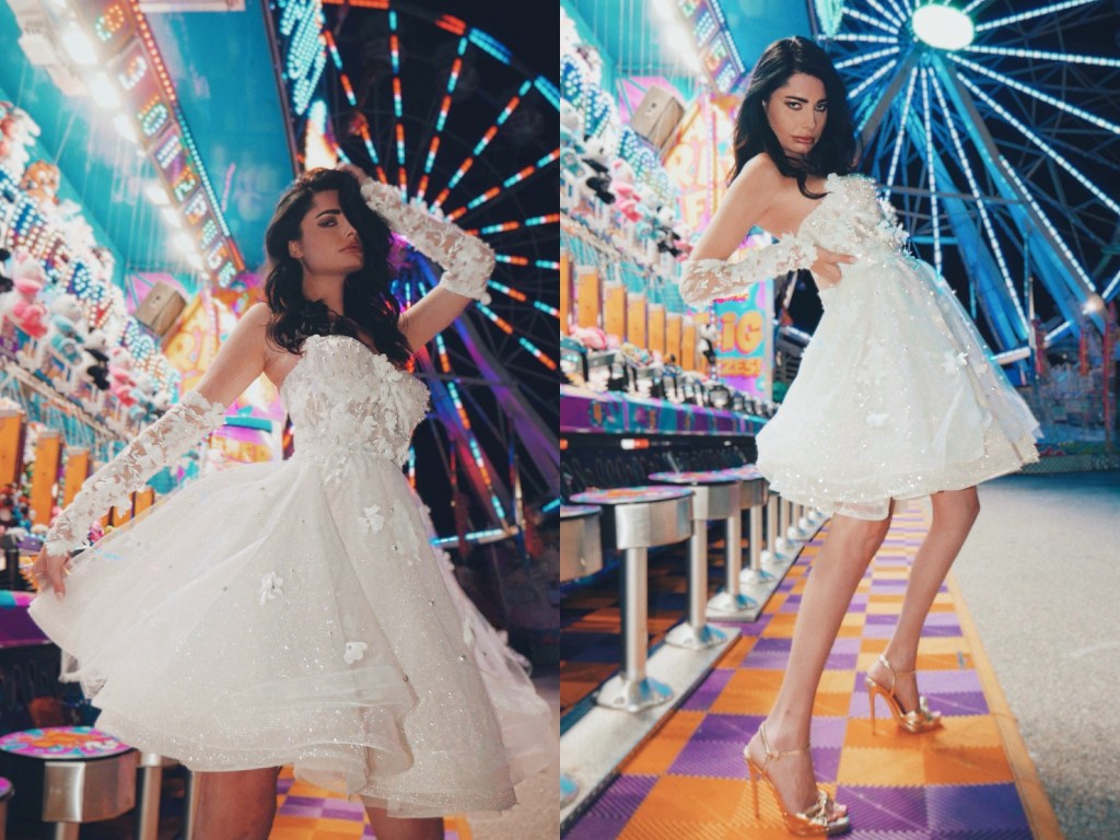 Lauren Elaine mini wedding dress with twirly skirt and detachable sleeves