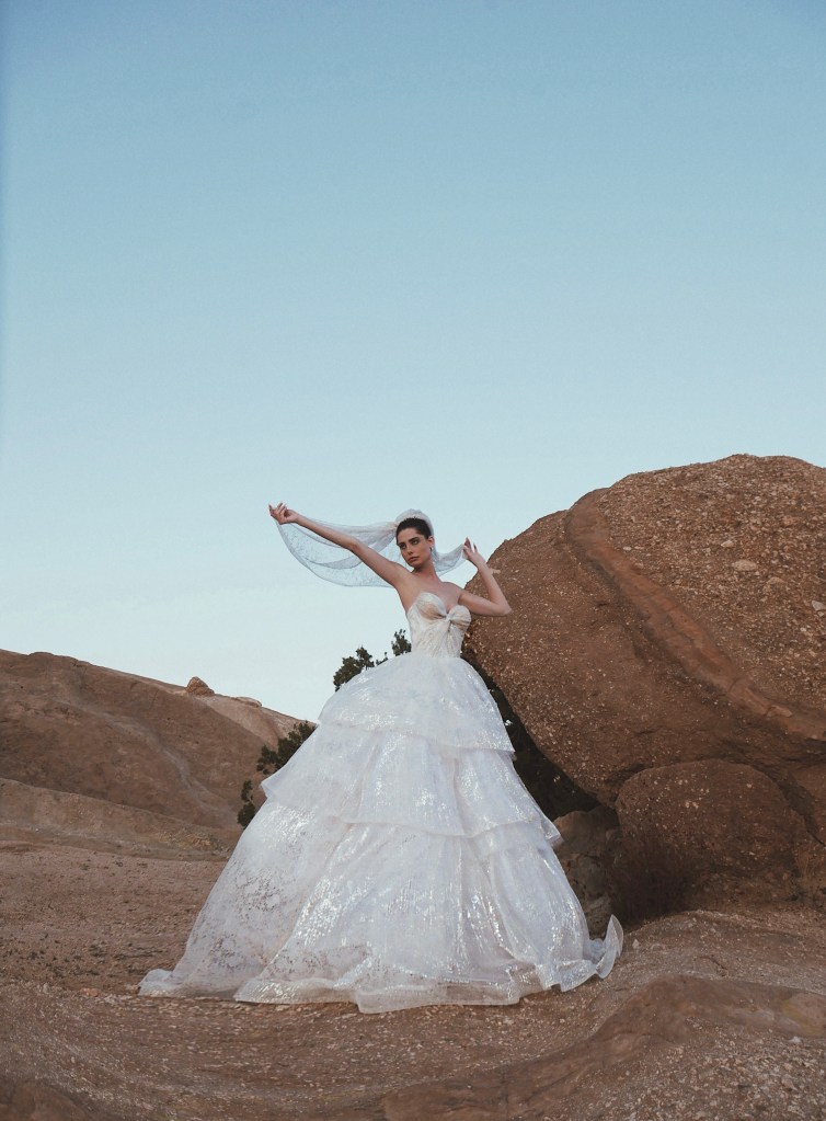 Starlight tiered wedding dress ball gown with veil by Lauren Elaine 