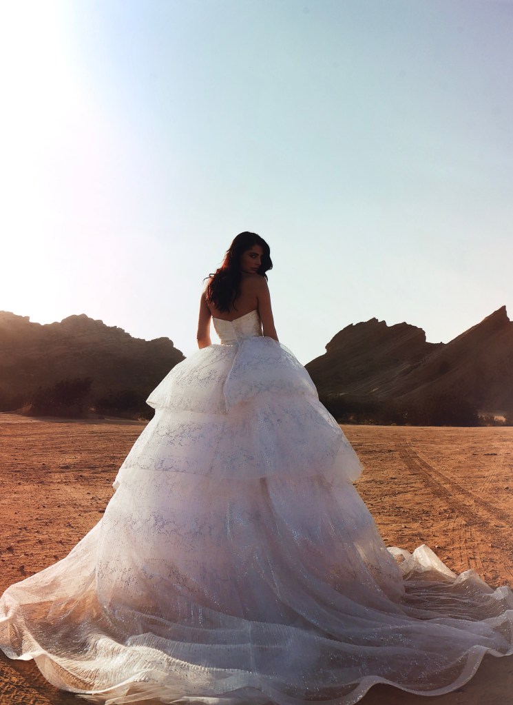 Starlight tiered cathedral train wedding dress by Lauren Elaine Bridal.