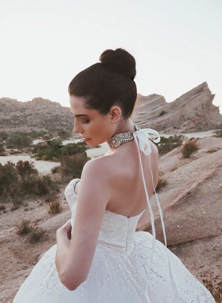 Lauren Elaine sparkle tulle organza tiered wedding dress with corset bodice 