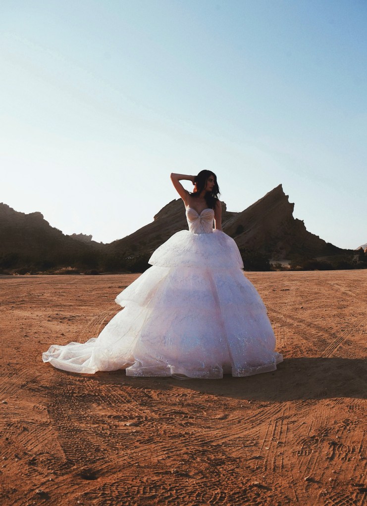 Lauren Elaine Starlight sparkle tulle organza tiered wedding dress with corset bodice 