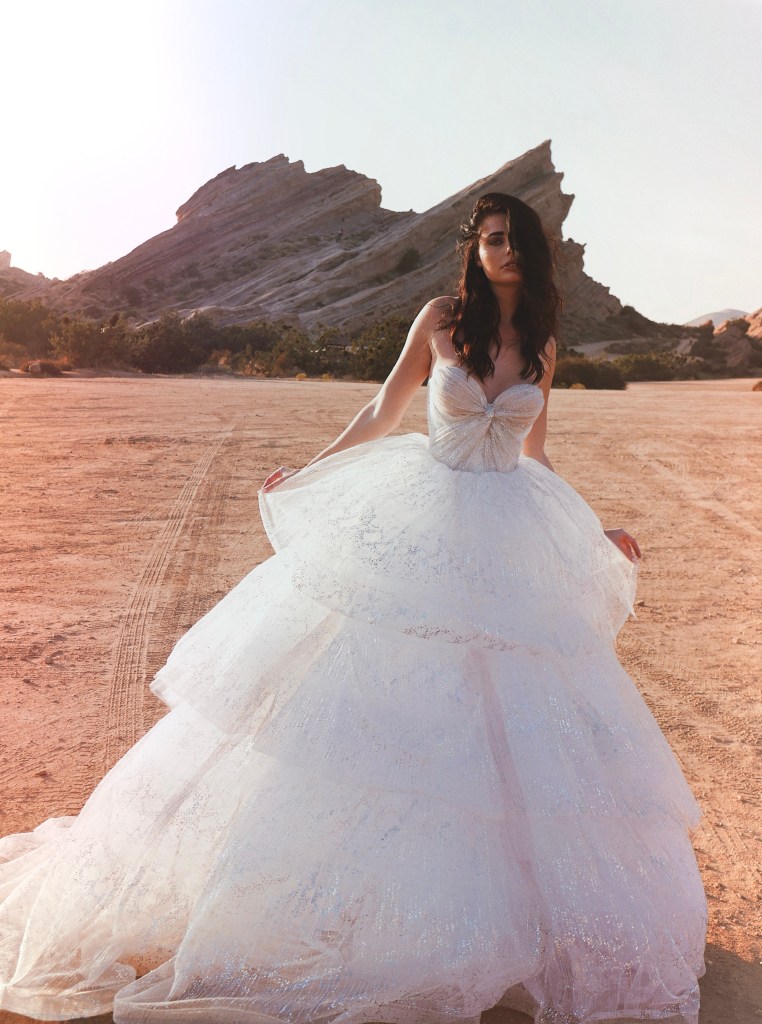 Lauren Elaine Starlight sparkle organza tiered wedding dress