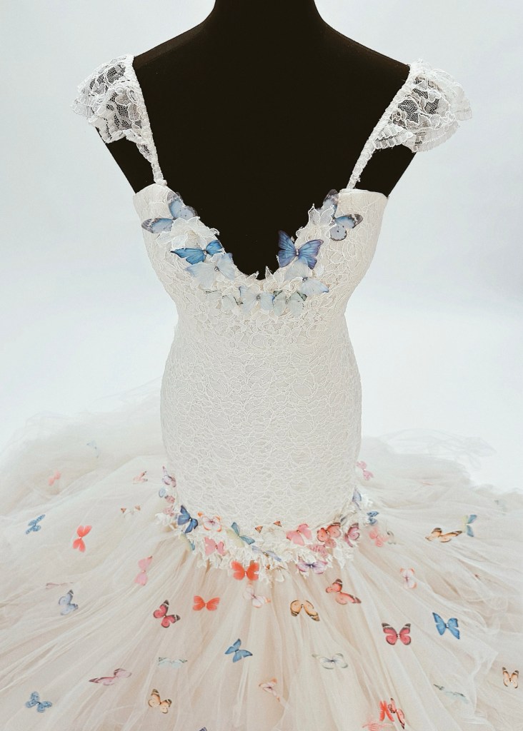 Lace mermaid wedding dress with rainbow butterfly appliques