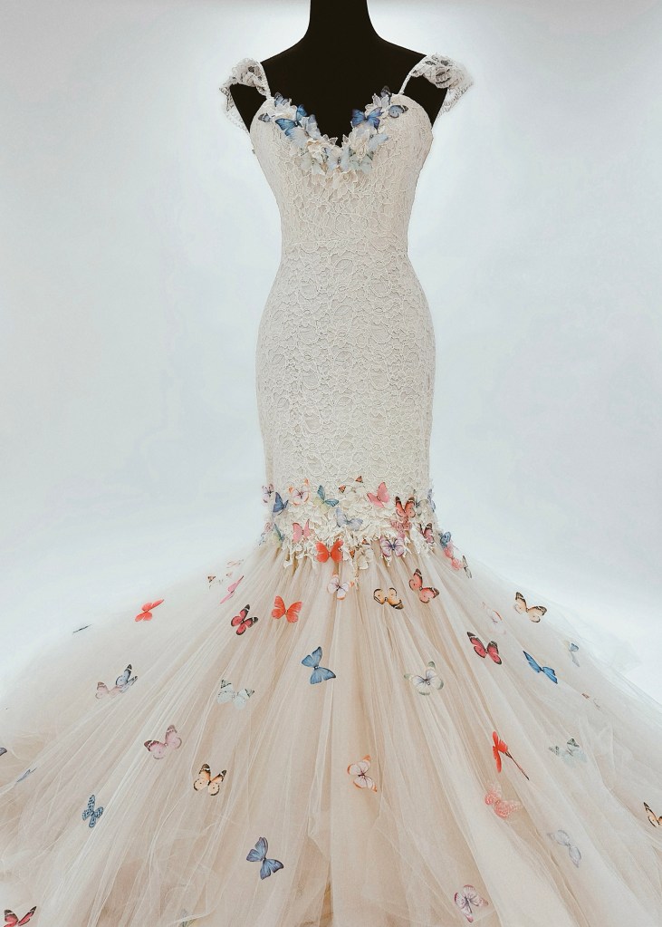 3D butterfly applique colorful wedding dress mermaid silhouette