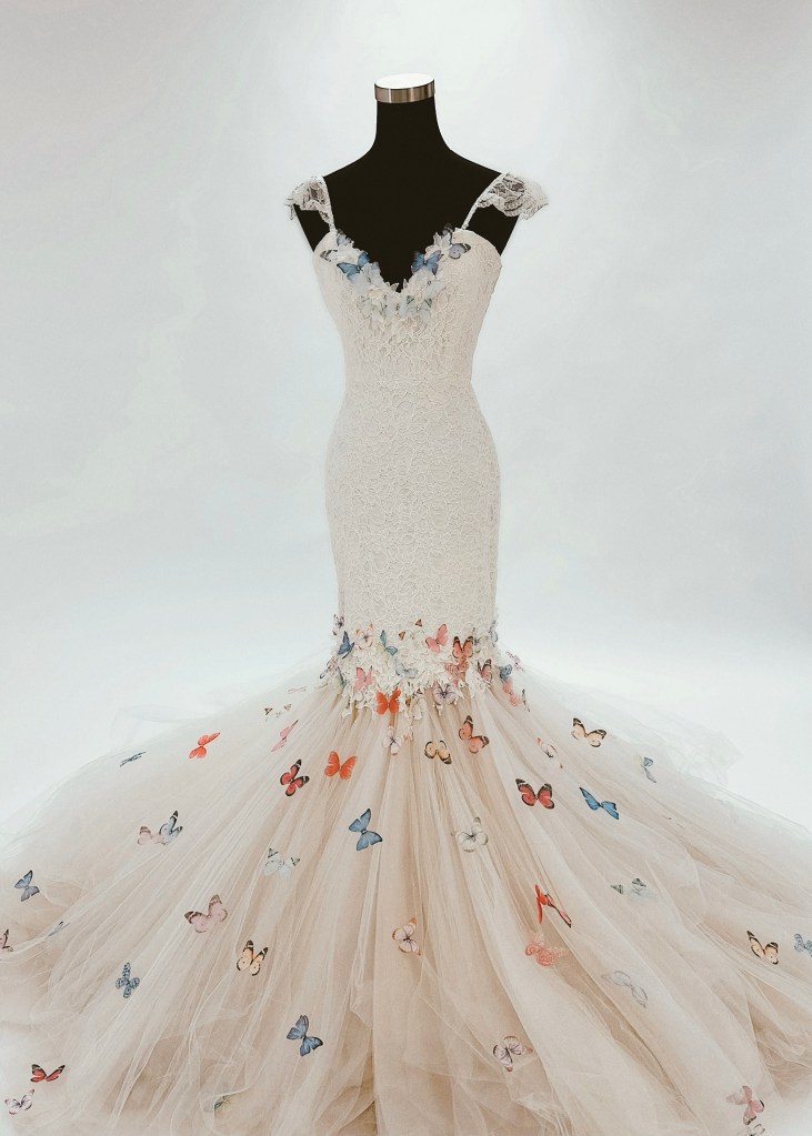 Lauren Elaine Aurelia Rainbow butterfly wedding dress with train