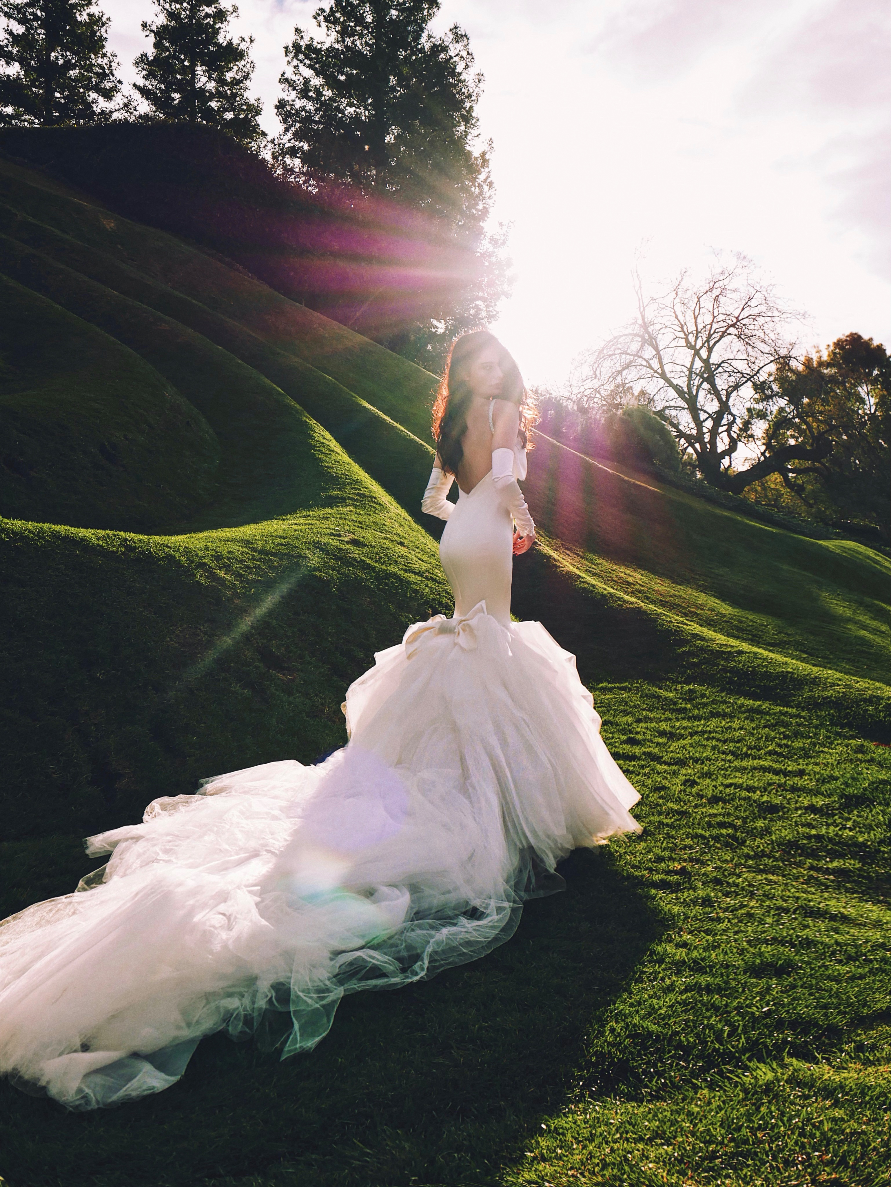 Lauren Elaine Cadeau Satin Mermaid Wedding Dress with Detachable Train and Bow