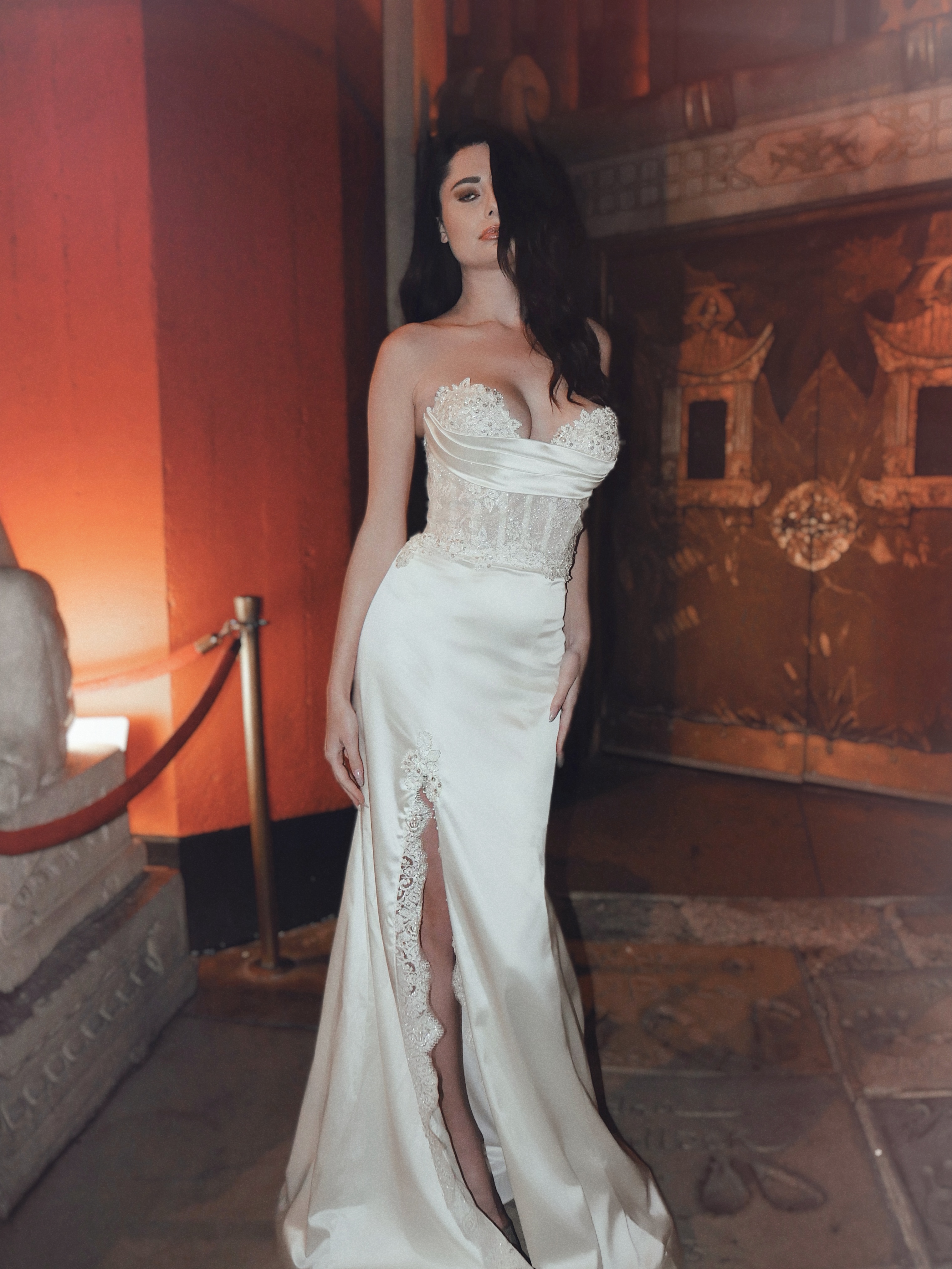Trumpet Satin Wedding dress with Slit and Crumb Catcher Detailing