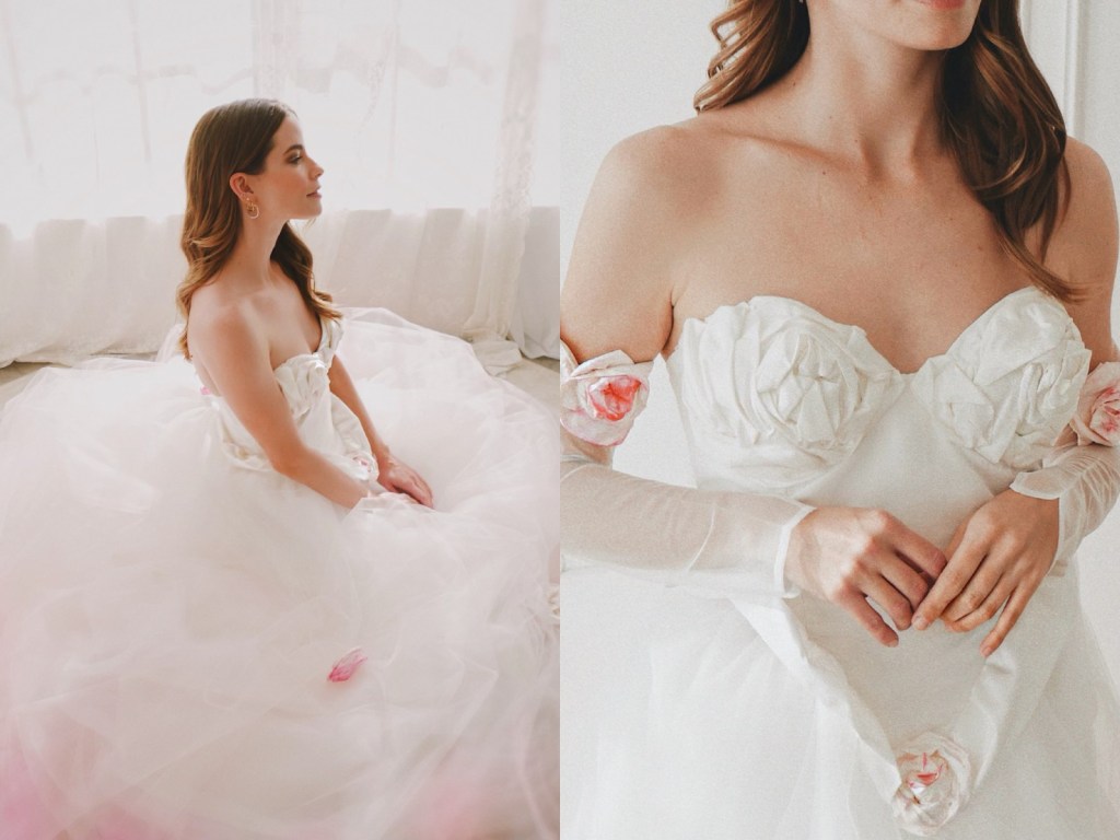 Lauren Elaine "duschess" blush pink ombre rosette flower wedding dress with Basque waist